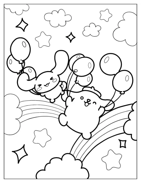 Pompompurin și Cinnamon plutesc prin aer, ținându-se de baloane.