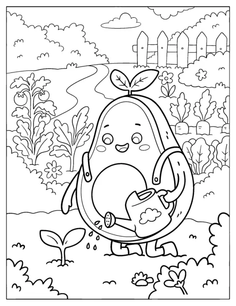 Um abacate de estilo kawaii rega uma planta.