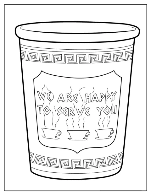 Auf einem Becher steht „We Are Happy To Serve You“.