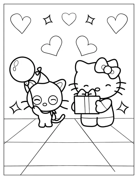 Hello Kitty räcker över en födelsedagspresent till Chococat.