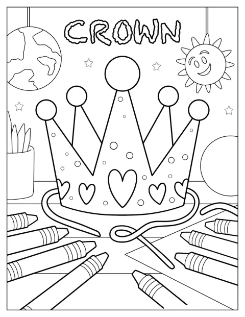 Una corona para hacer en casa está rodeada de corazones, ceras y estrellas.