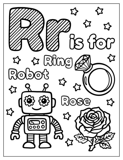En ring, en robot og en rose står ved siden af bogstavet R.