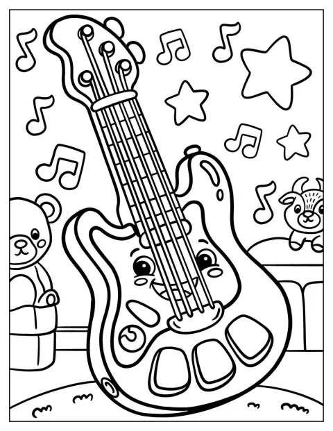 En søt elektrisk gitar står blant musikknoter.