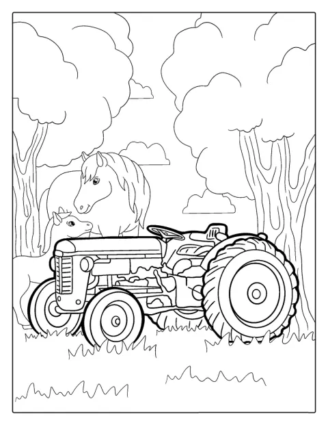 A régi traktor mellett lovak állnak a mezőn.