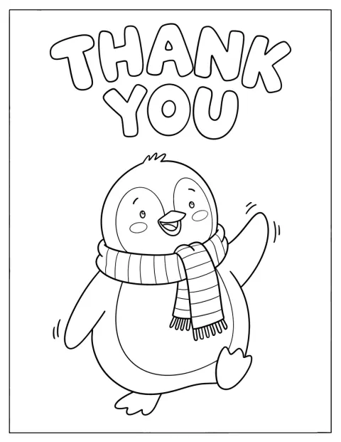 Un pingüino con bufanda acompaña el mensaje «Gracias».