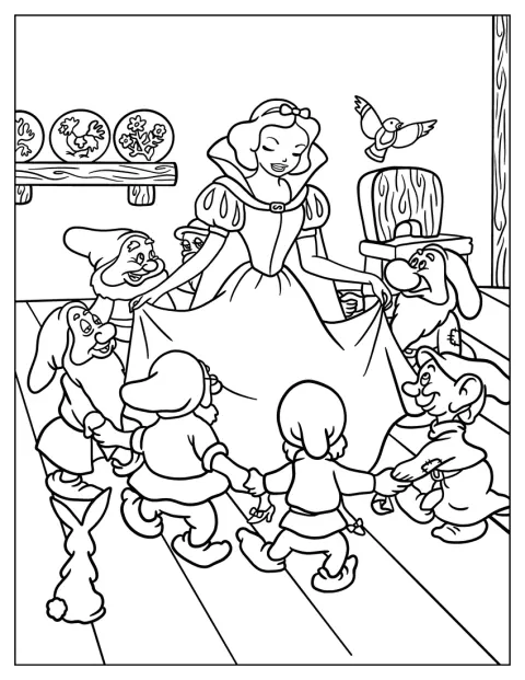 Los siete enanitos bailan alrededor de Blancanieves.
