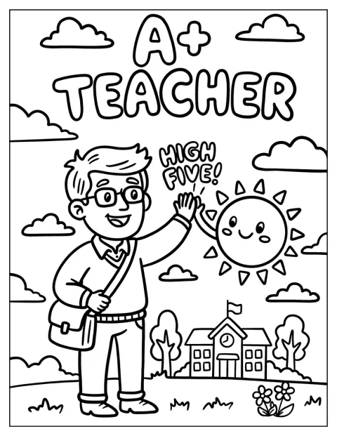 Un profesor chibi choca la mano con el sol.