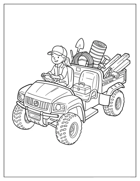 Ein John Deere Gator transportiert landwirtschaftliche Werkzeuge.