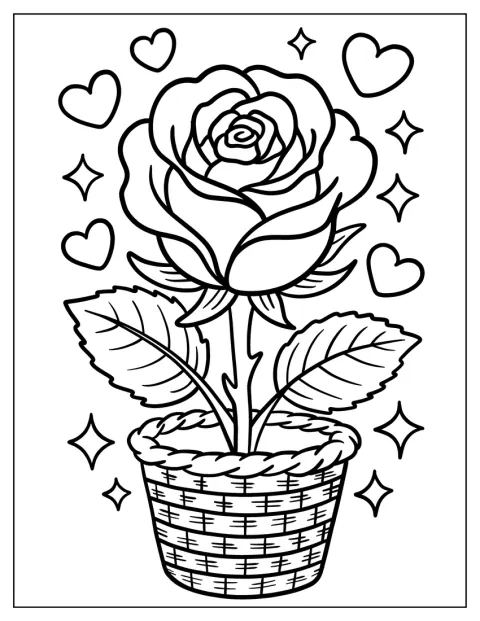 Una rosa en maceta está rodeada de corazones y destellos.