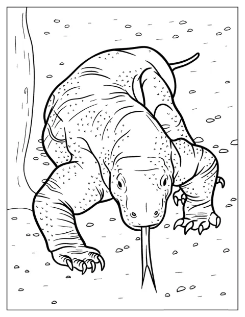 En realistiskt tecknad komodovaran väser med öppen mun.