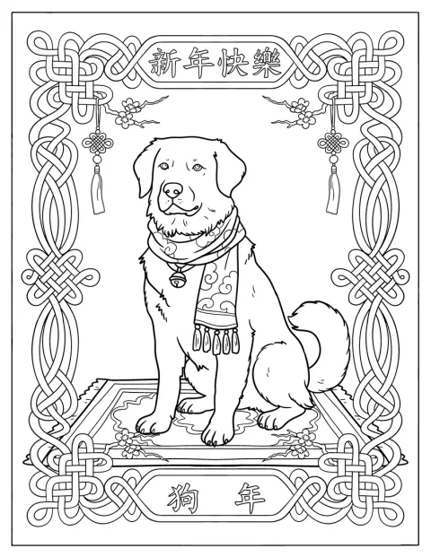 干支の犬が額縁の中に描かれ、提灯や飾り結びに囲まれています。