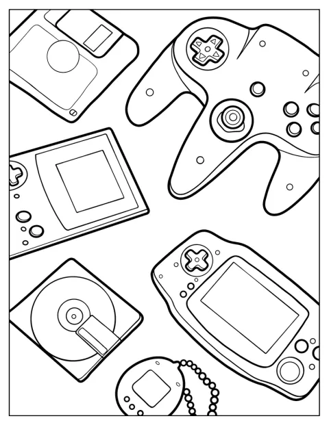 Dyskietka, pad PlayStation, Game Boy, Tamagotchi i płyta CD leżą obok siebie.