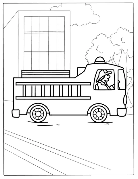 Un camion de pompiers au dessin épuré est présenté de profil.