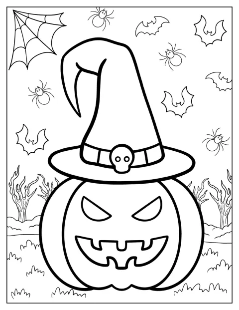 Ein Halloweenkürbis trägt einen spitzen Zauberhut.