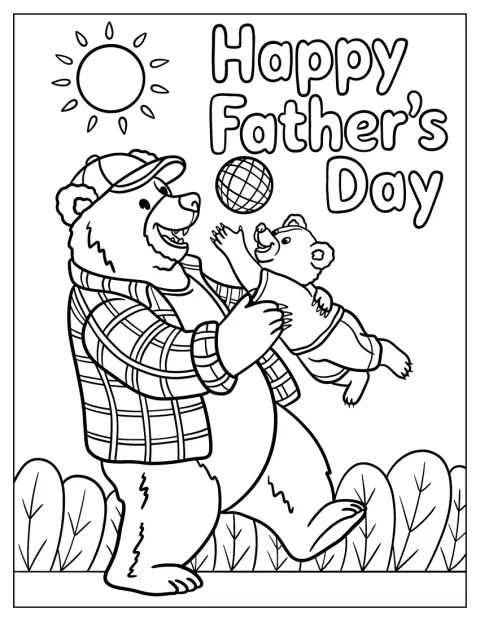 Happy Father's Day Coloring Page With Bear Dad And Cub Playing Ball For Kids