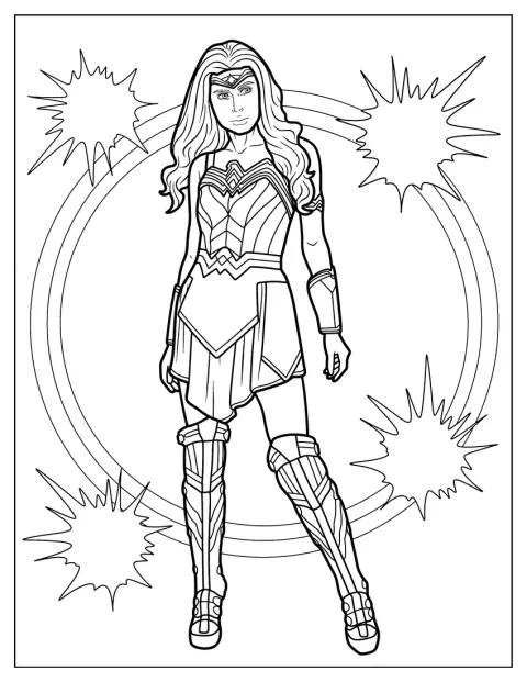 Wonder Woman aparece de pie con su atuendo de superheroína.