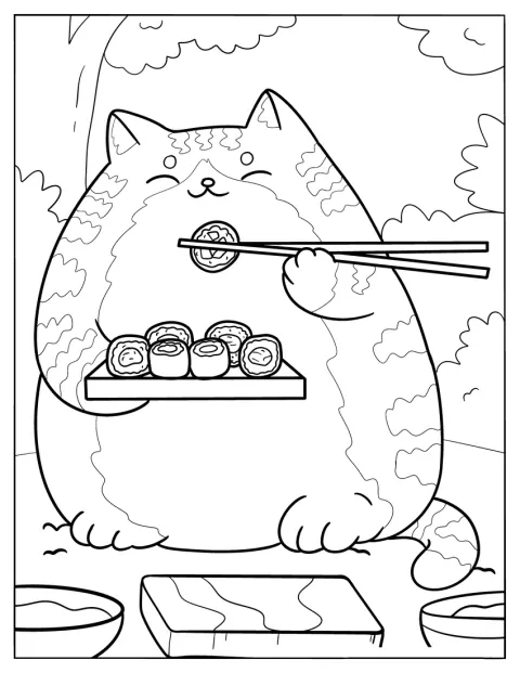 Con unos palillos, un gato peludo se lleva sushi a la boca.