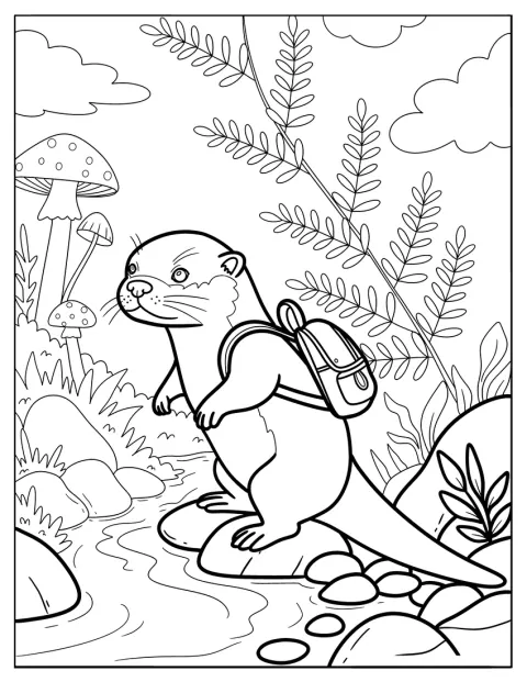 Adventurous Otter Coloring Page with Backpack Crossing a River