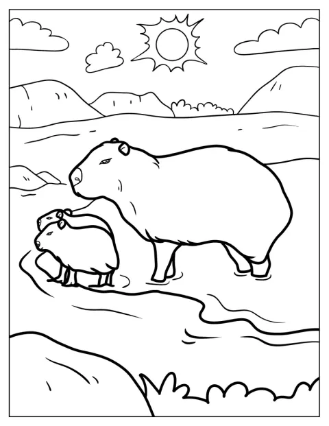 Capybaraemo ui poikastensa kanssa vedessä.