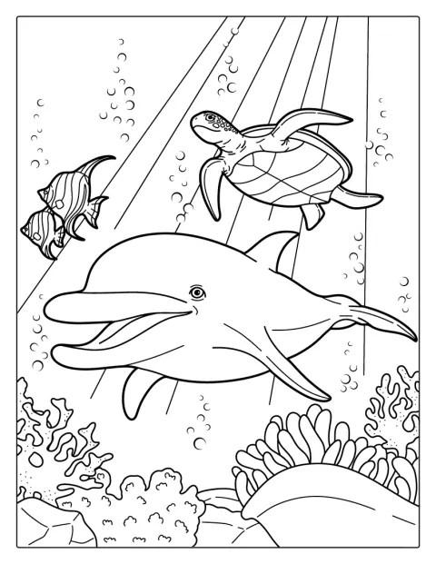 イルカが魚やカメと一緒に海を泳いでいます。