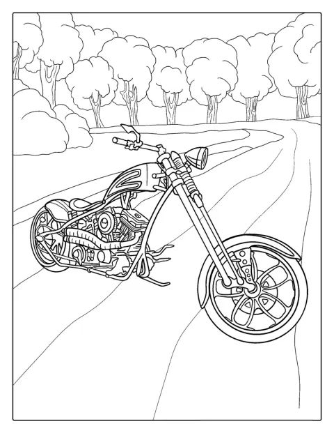 個性的な形のチョッパーバイクが描かれています。