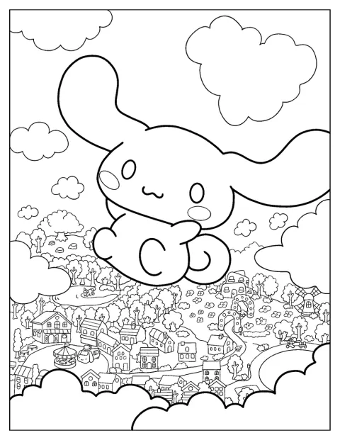 Cinnamoroll schwebt mit ausgebreiteten Ohren durch den Himmel nach unten.