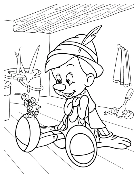 Auf dem Fußboden unterhalten sich Pinocchio und Jiminy Grille.