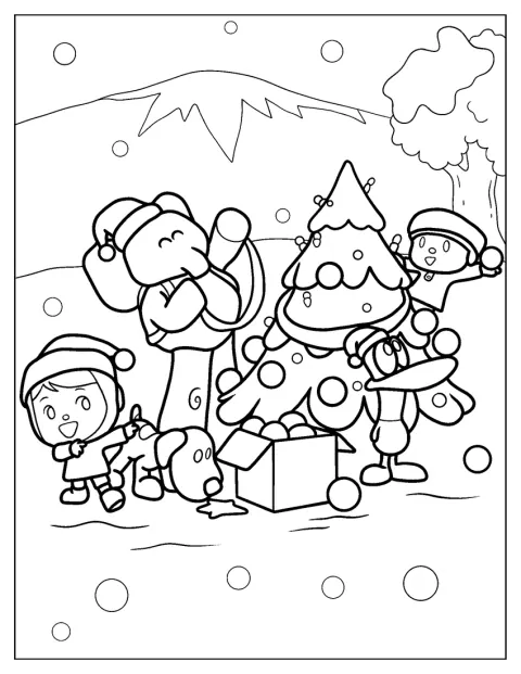 Pocoyo, Elly, Loula, Pato e Nina decoram juntos uma árvore de Natal.