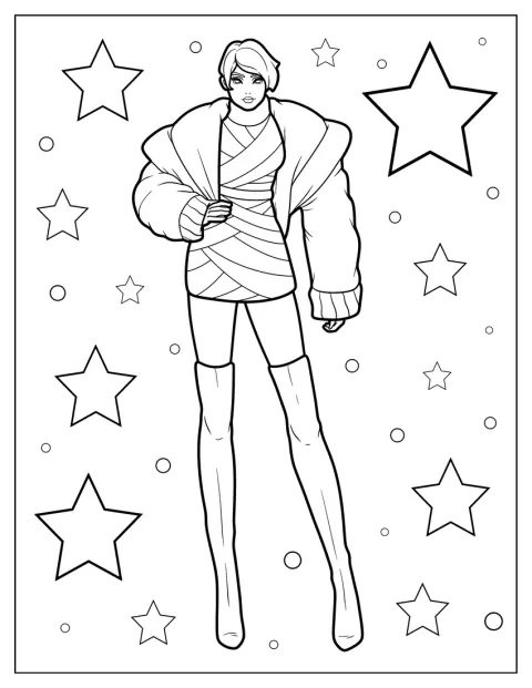 Une mannequin pose en mini-robe, doudoune bouffante et bottes.