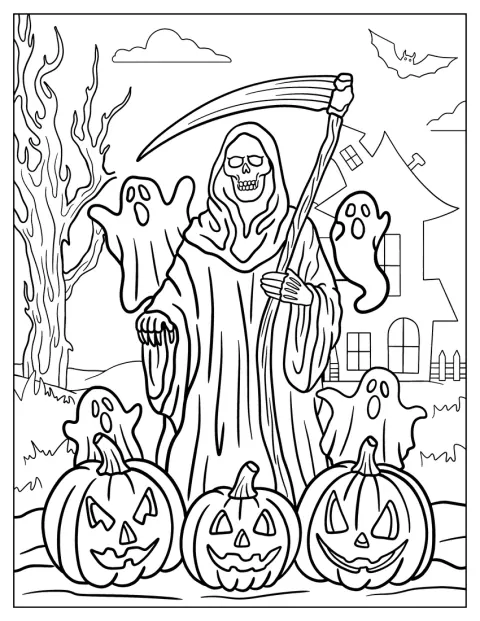 Duchové v prostěradlech obklopují Smrtku a halloweenské dýně.