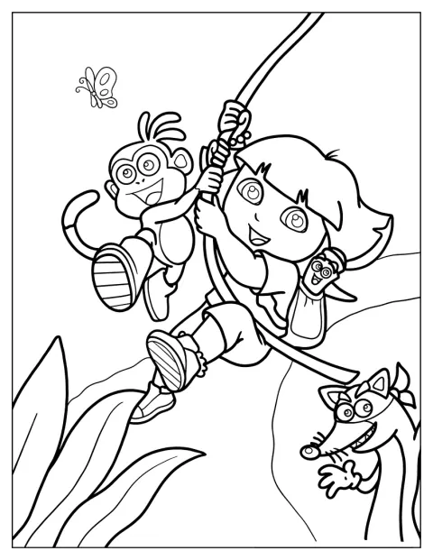 Dora e Boots si dondolano da una liana mentre Swiper li accompagna.