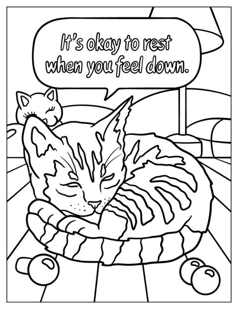 「落ち込んだときは休んでも大丈夫」という言葉の下で、トラ猫が眠っています。