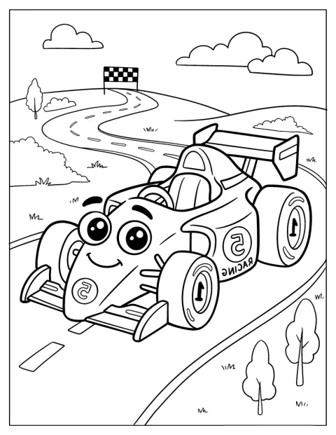 Une voiture de Formule 1 au style cartoon approche de la ligne d’arrivée.