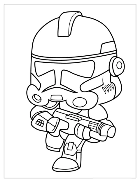 Un Stormtrooper în stil chibi aleargă cu pași energici.
