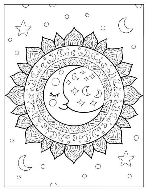 En månesigd er omgitt av detaljerte blomster i en mandala.