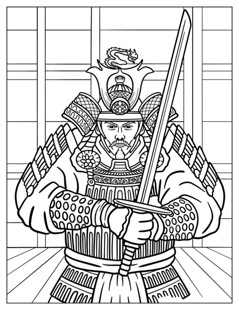Ein alter Samurai hält sein Schwert vor sich.