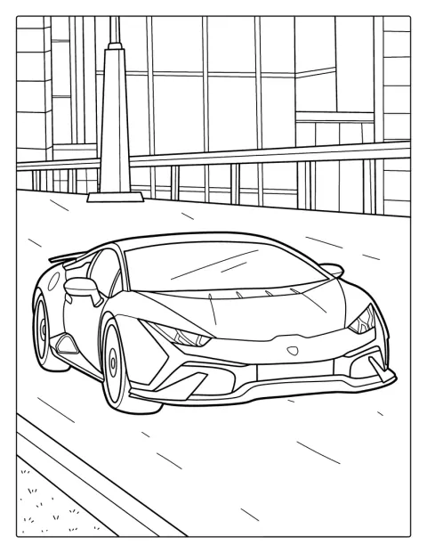 Lamborghini przemierza miejskie ulice wśród zabudowań.