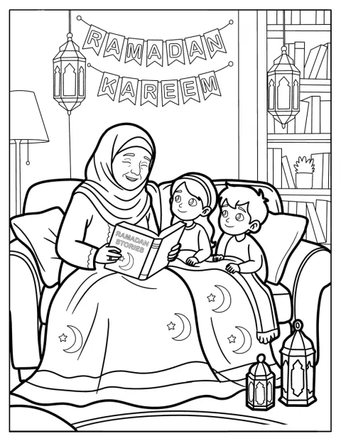 Matka čte dětem pod bannerem s nápisem Ramadán Kareem.