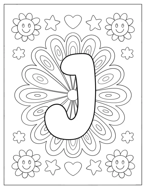 Flores con caras sonrientes adornan una letra J de estilo hippie.