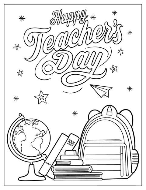 Las palabras «Feliz Día del Profesor» aparecen rodeadas de material escolar.