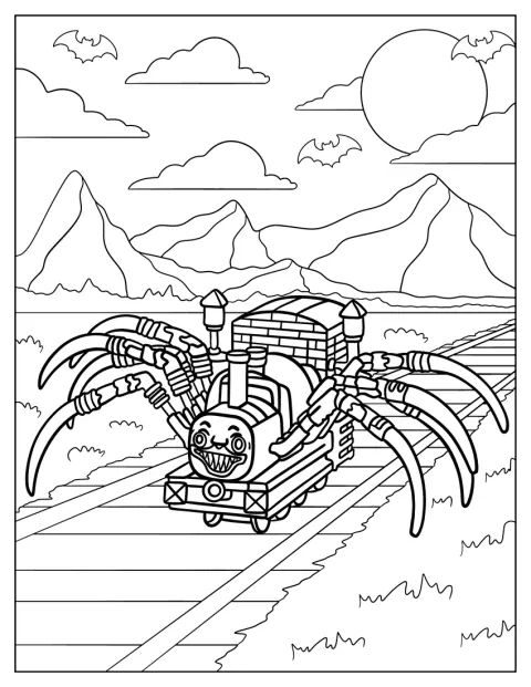 Choo Choo Charles străbate un peisaj montan.