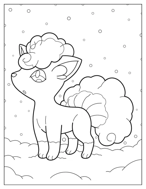 Een schattige Alola-Vulpix zit in de sneeuw.