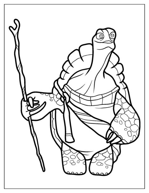 Mestre Oogway está representado num desenho de contornos simples.