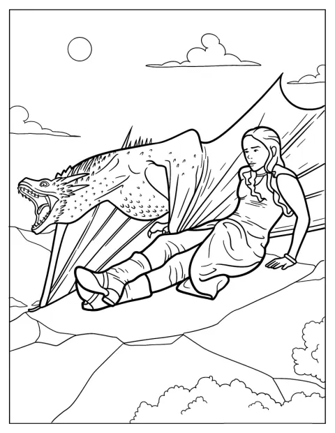 Daenerys Targaryen sitter på en stein ved siden av dragen sin.