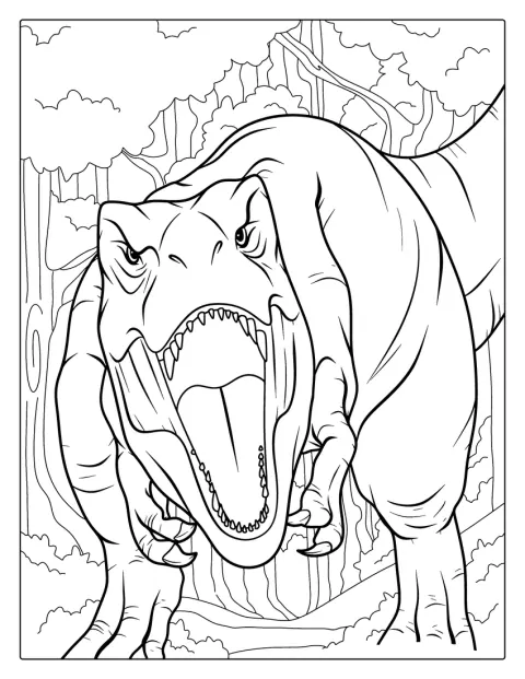 T-Rex katsoo suoraan eteenpäin suu auki ja terävät hampaat näkyvissä.