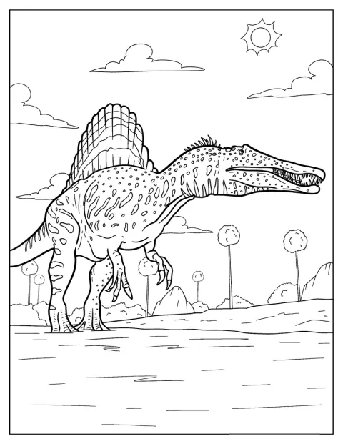 En detaljert Spinosaurus står ute under en strålende sol.