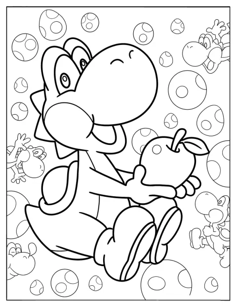 Yoshi holder et æble i hånden.
