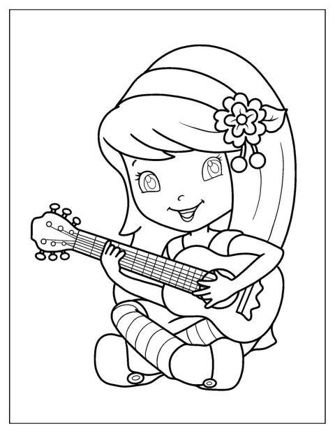 Kirsebær Jam spiller glad musik på sin guitar.