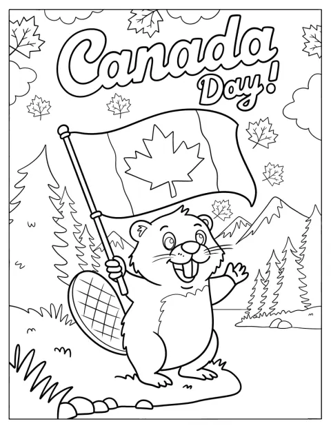 Un castor célèbre la fête du Canada en tenant un drapeau.