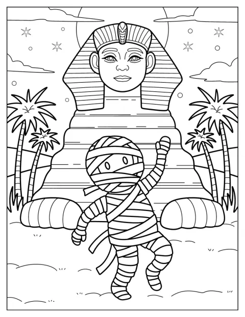 En tegnet mumie utforsker området ved Den store sfinksen i Giza.
